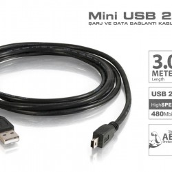 3 Metre Mini USB Enerji/Data Kablosu - USB 2.0