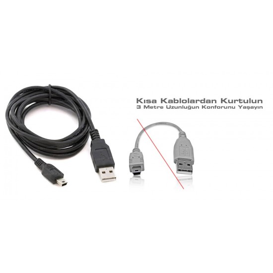 3 Metre Mini USB Enerji/Data Kablosu - USB 2.0