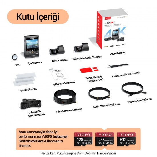 Viofo A329S 3 Kameralı Ön+Arka+İç 4K+2K+2K Wi-Fi 6 HDR Sony STARVIS 2 Sensör GPS'li SSD Destekli Araç Kamerası Viofo A329S 3 Kameralı Ön+Arka+İç 4K+2K+2K Wi-Fi 6 HDR Sony STARVIS 2 Sensör GPS'li SSD Destekli Araç Kamerası