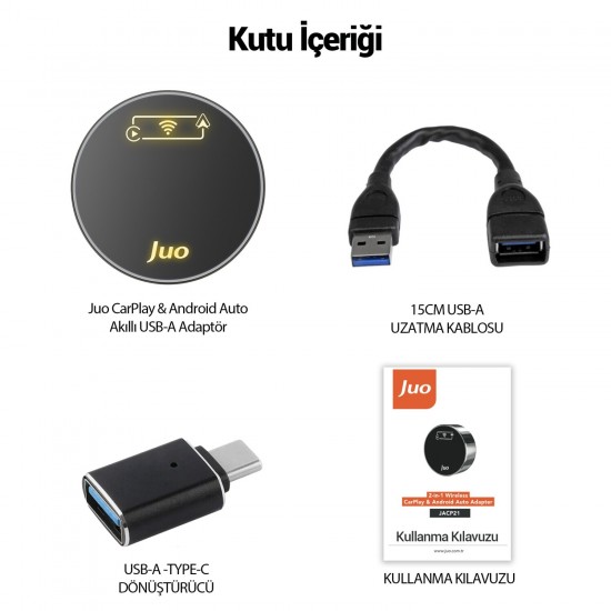 Juo Kablosuz CarPlay Android Auto Kabloludan Kablosuza Çevirici USB ve Type-C Adaptör Juo Kablosuz CarPlay Android Auto Kabloludan Kablosuza Çevirici USB ve Type-C Adaptör
