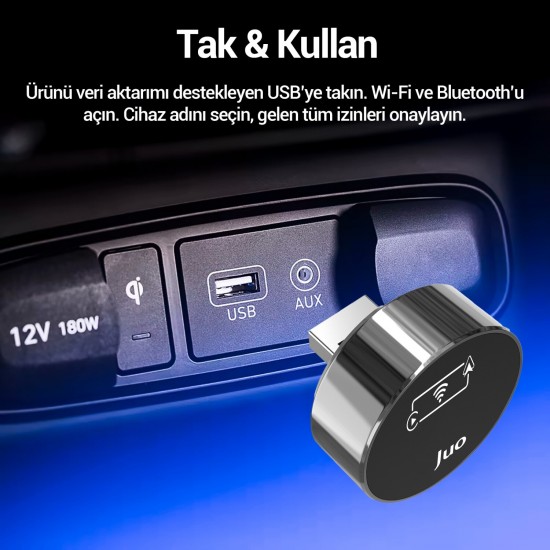 Juo Kablosuz CarPlay Android Auto Kabloludan Kablosuza Çevirici USB ve Type-C Adaptör Juo Kablosuz CarPlay Android Auto Kabloludan Kablosuza Çevirici USB ve Type-C Adaptör