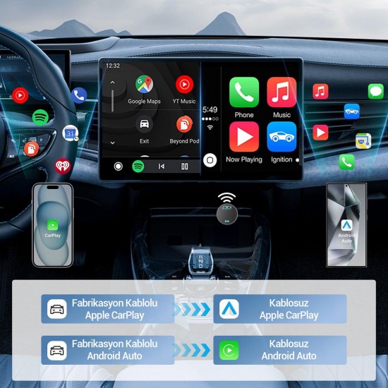 Juo Kablosuz CarPlay Android Auto Kabloludan Kablosuza Çevirici USB ve Type-C Adaptör Juo Kablosuz CarPlay Android Auto Kabloludan Kablosuza Çevirici USB ve Type-C Adaptör