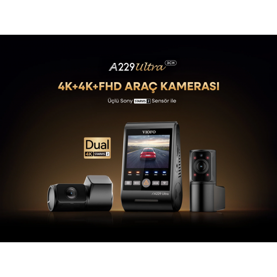 Viofo A229 Ultra 3 Kameralı Ön+Arka+İç 4K+4K+1080P HDR Sony STARVIS 2 Sensörlü Wi-Fi 6 GPS'li Araç Kamerası
