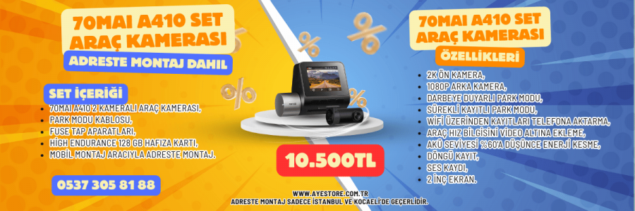 İstanbul/Kocaeli/Sakarya Montaj Dahil 70Mai A410 Çift Kameralı Araç Kamerası Paketi