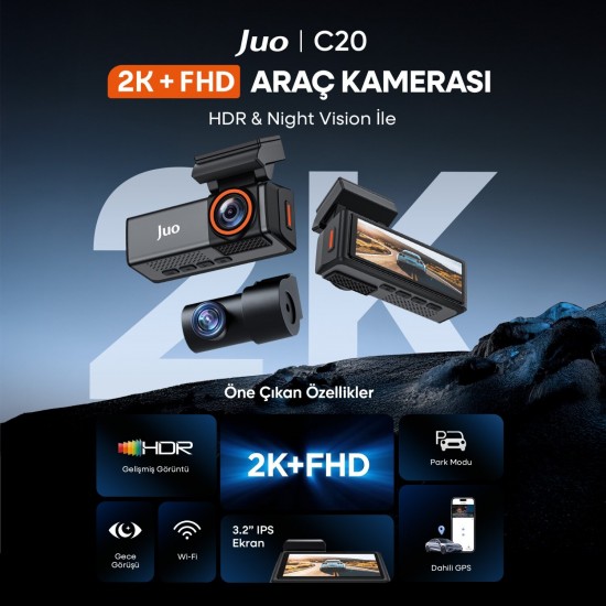 Juo C20 2K QHD Ön + FHD Arka 2 Kameralı WiFi GPS HDR Araç Kamerası Ekranlı 170° Geniş Açı Gece Görüş Araç içi Kamera