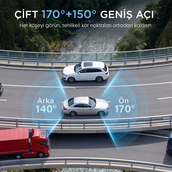 Juo C20 2K QHD Ön + FHD Arka 2 Kameralı WiFi GPS HDR Araç Kamerası Ekranlı 170° Geniş Açı Gece Görüş Araç içi Kamera