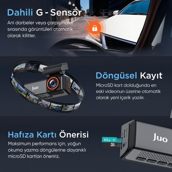 Juo C20 2K QHD Ön + FHD Arka 2 Kameralı WiFi GPS HDR Araç Kamerası Ekranlı 170° Geniş Açı Gece Görüş Araç içi Kamera