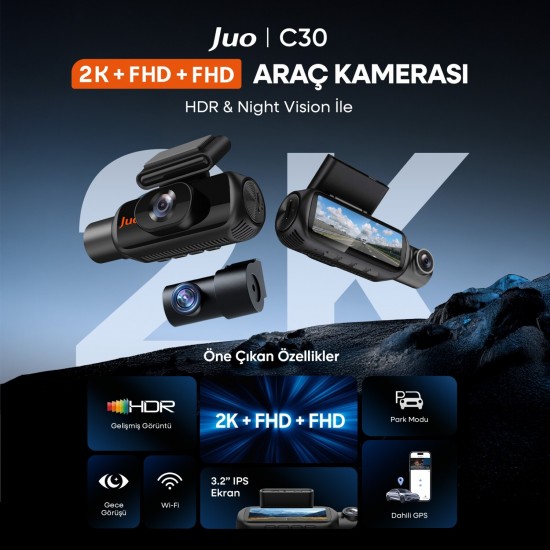 Juo C30 2K Ön + 1080P iç + 1080P Arka 3 Kameralı WiFi GPS HDR Araç Kamerası