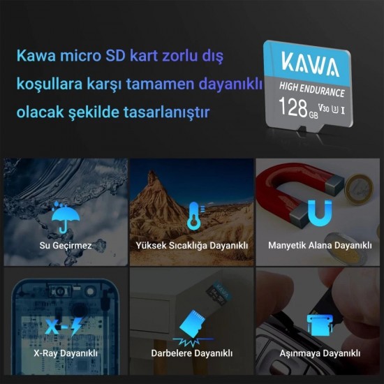 Kawa High Endurance U3 V30 100MB/s Okuma 60MB/s Yazma 128GB Micro SD Hafıza Kartı Kawa High Endurance U3 V30 100MB/s Okuma 60MB/s Yazma 128GB Micro SD Hafıza Kartı