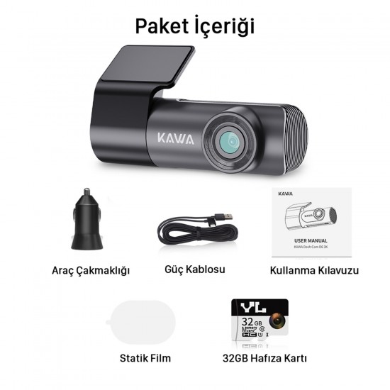 Kawa D5 Gen2 2K 1296P WiFi 32GB Hafıza Kartlı Akıllı Araç Kamerası Kawa D5 Gen2 2K 1296P WiFi 32GB Hafıza Kartlı Akıllı Araç Kamerası