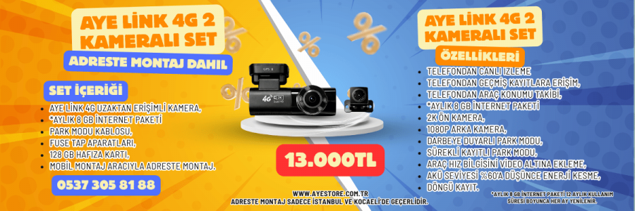Aye Link Uzaktan Erişimli 4G Araç Kamerası Paketi - Montaj Dahil