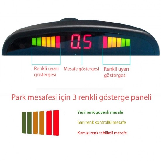 Dijital Ekranlı Araç Park Sensörü | Sesli İkazlı | 8 Sensör | Ön + Arka | Siyah