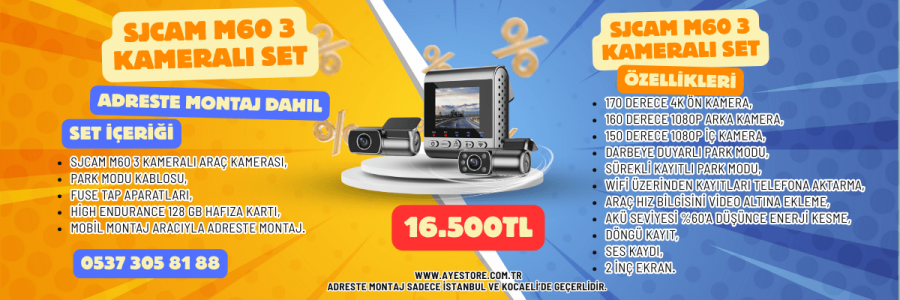 İstanbul/Kocaeli/Sakarya Montaj Dahil Sjcam M60 3 Kameralı Araç Kamerası Paketi